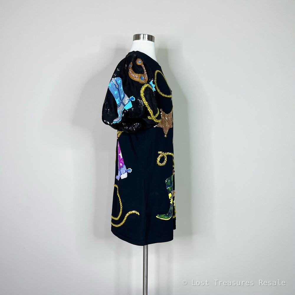 Queen of Sparkles | Cowgirl Western Rodeo Black Sequin Puff Sleeve Mini Dress L - Picture 5 of 12